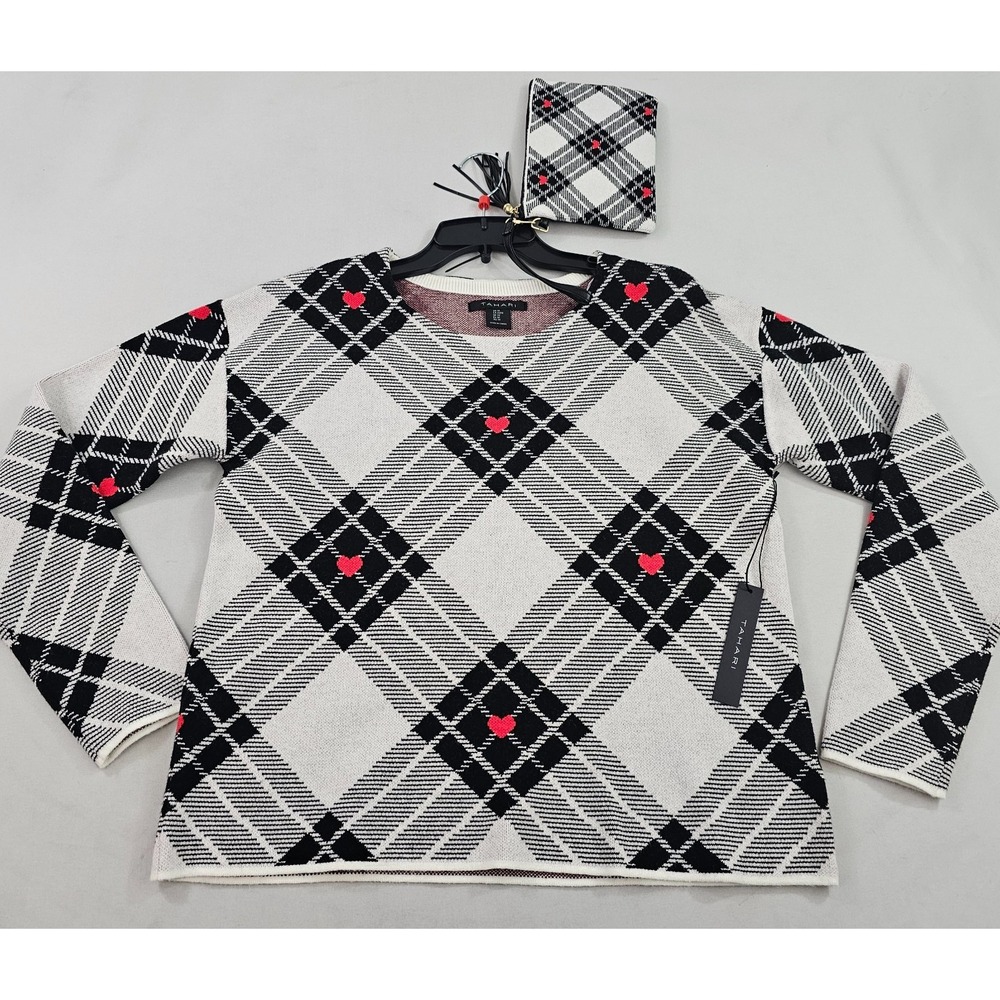 Tahari Womens Plaid Heart Print Sweater with Matching Pouch White Black Medium